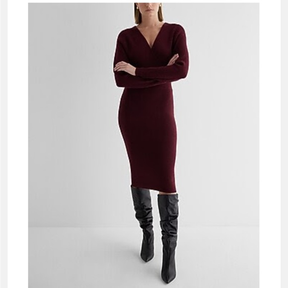 Express Ribbed V-Neck Knit Midi Dress - Picture 1 of 6